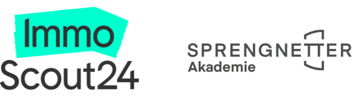 Logos von ImmoScout24 links, mit Immo in schwarzer Schrift auf tealem Hintergrund und Scout24 in schwarzer Schrift darunter, und Sprengnetter Akademie rechts in grauer Schrift mit einem klammerartigen Symbol.