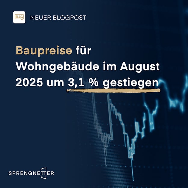 Dunkelblaue Grafik mit dem Text: Baupreise für Wohngebäude im August 2025 um 3,1 % gestiegen. Ein Finanzchart verdeutlicht die Baupreis-Entwicklung. Am unteren Rand erscheint das Sprengnetter-Logo.